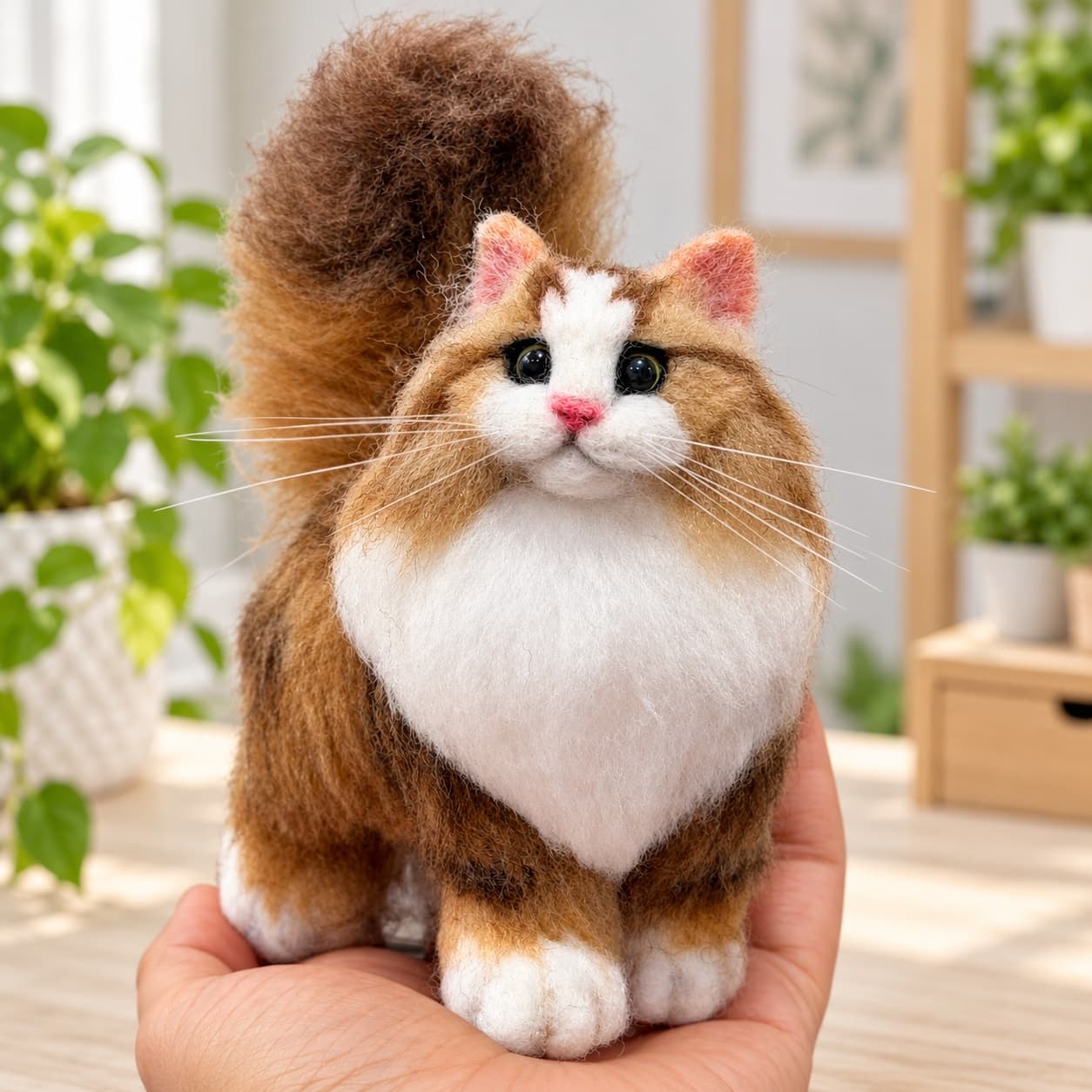 Brown tabby and white needle felted mini kitten with a fluffy raised tail, front view, held in the hand