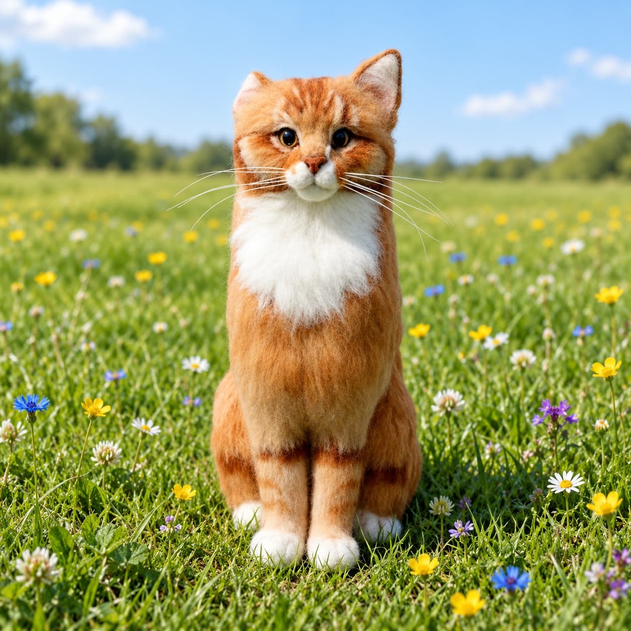Ginger needle felted cat portrait with a white chest, sitting upright, full front view outdoors on grass