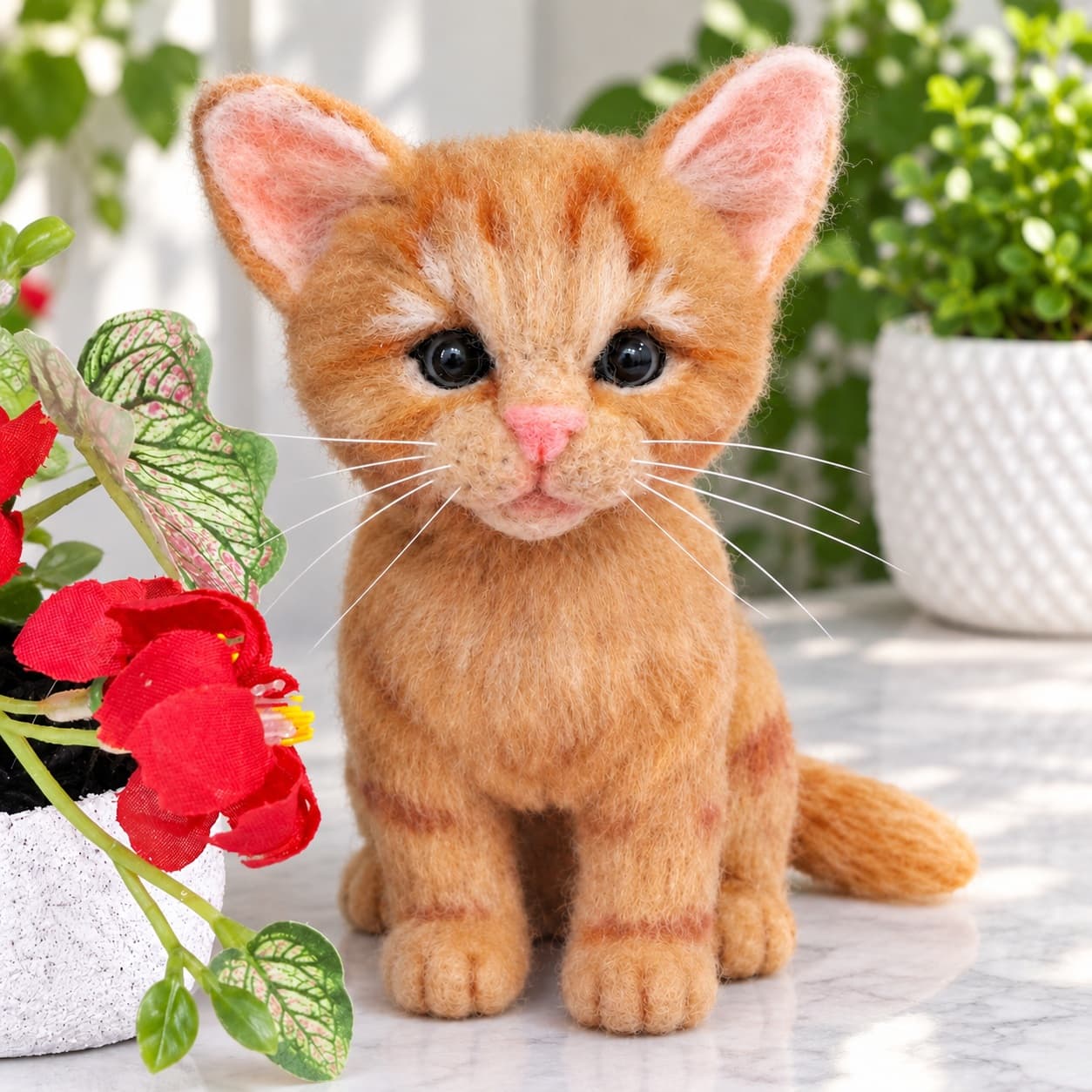 Ginger tabby needle felted kitten with pink ears, sitting, front view
