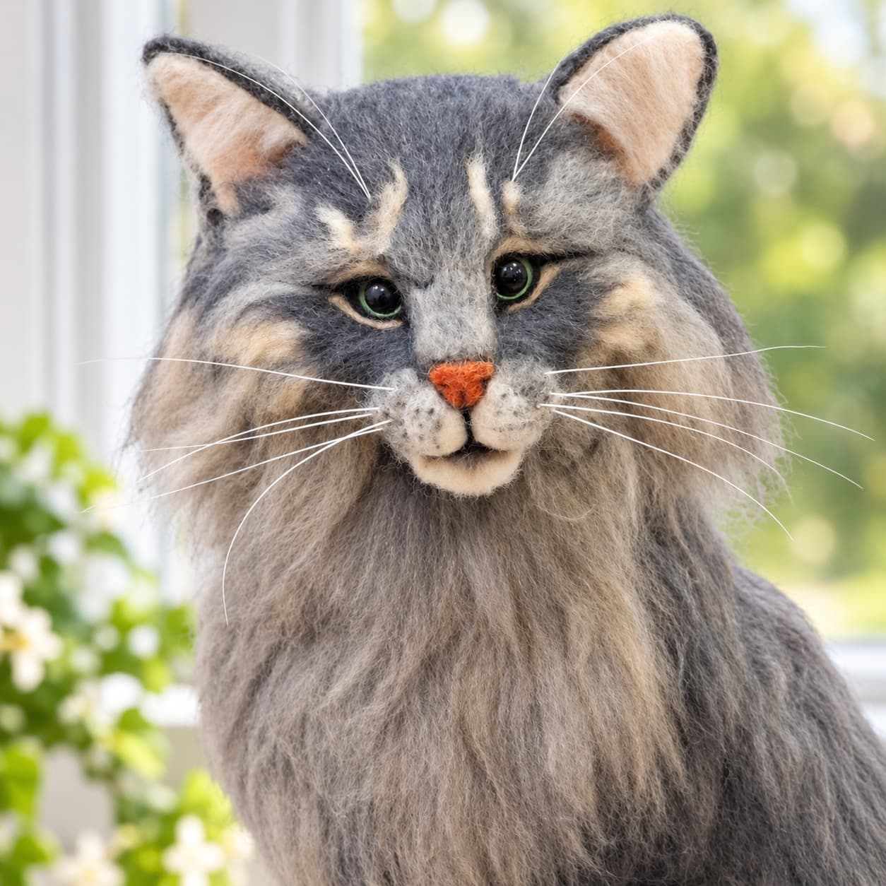 Long-haired gray and fawn needle felted cat portrait with an orange nose, front portrait of the face and ruff