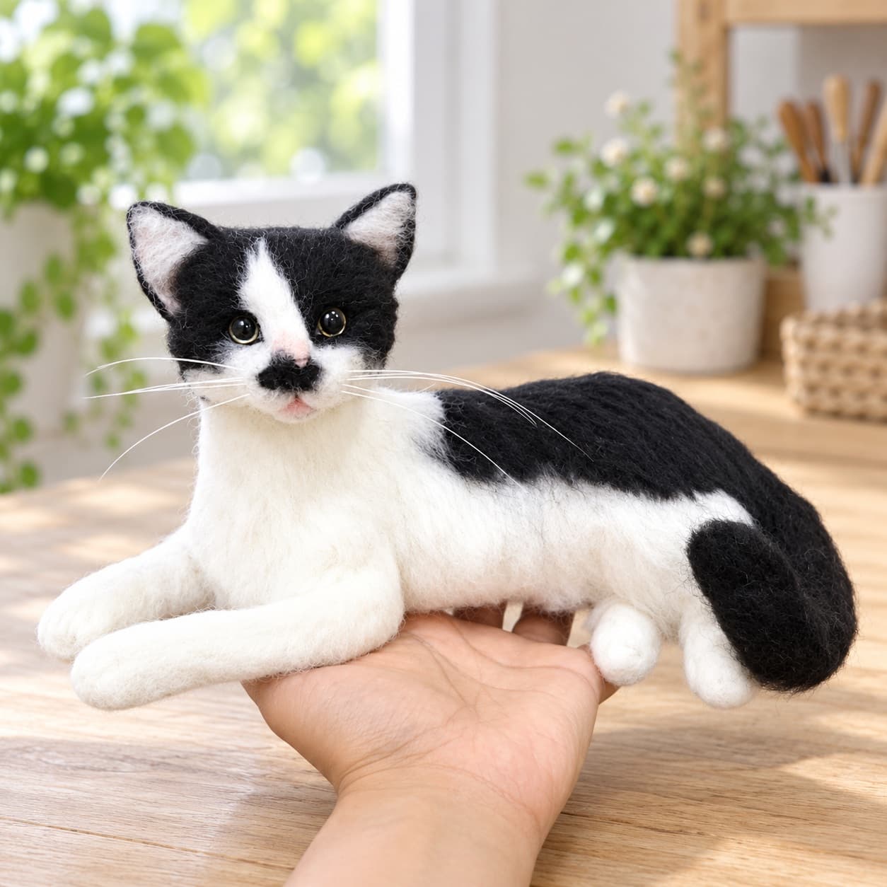 Black and white tuxedo needle felted cat portrait lying down, front view, resting on an open hand