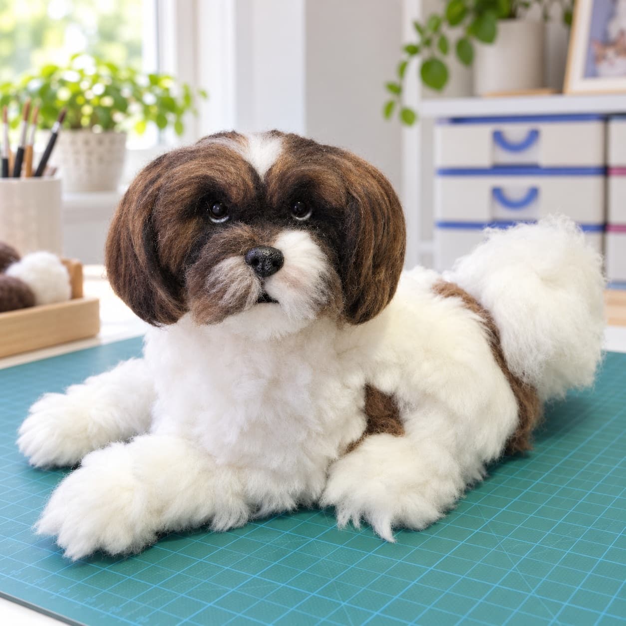 Brown and white long-haired needle felted dog portrait lying down, front three-quarter view