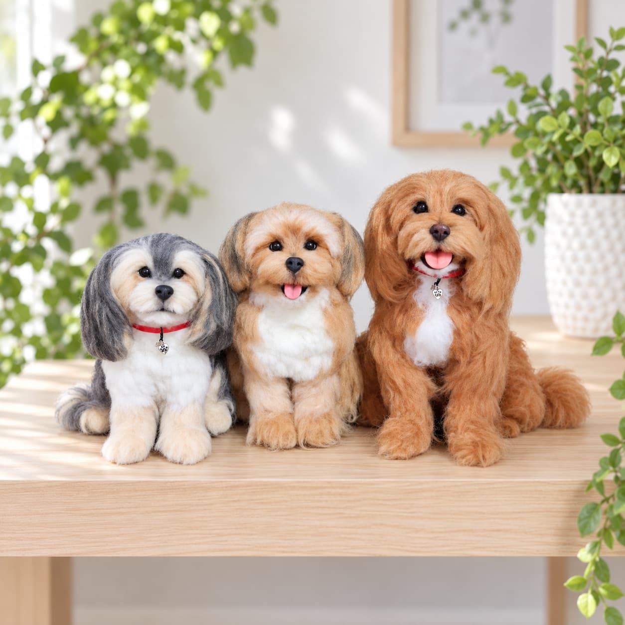 Needle felted dog portrait from a set of three custom dog portraits, all three dogs sitting side by side