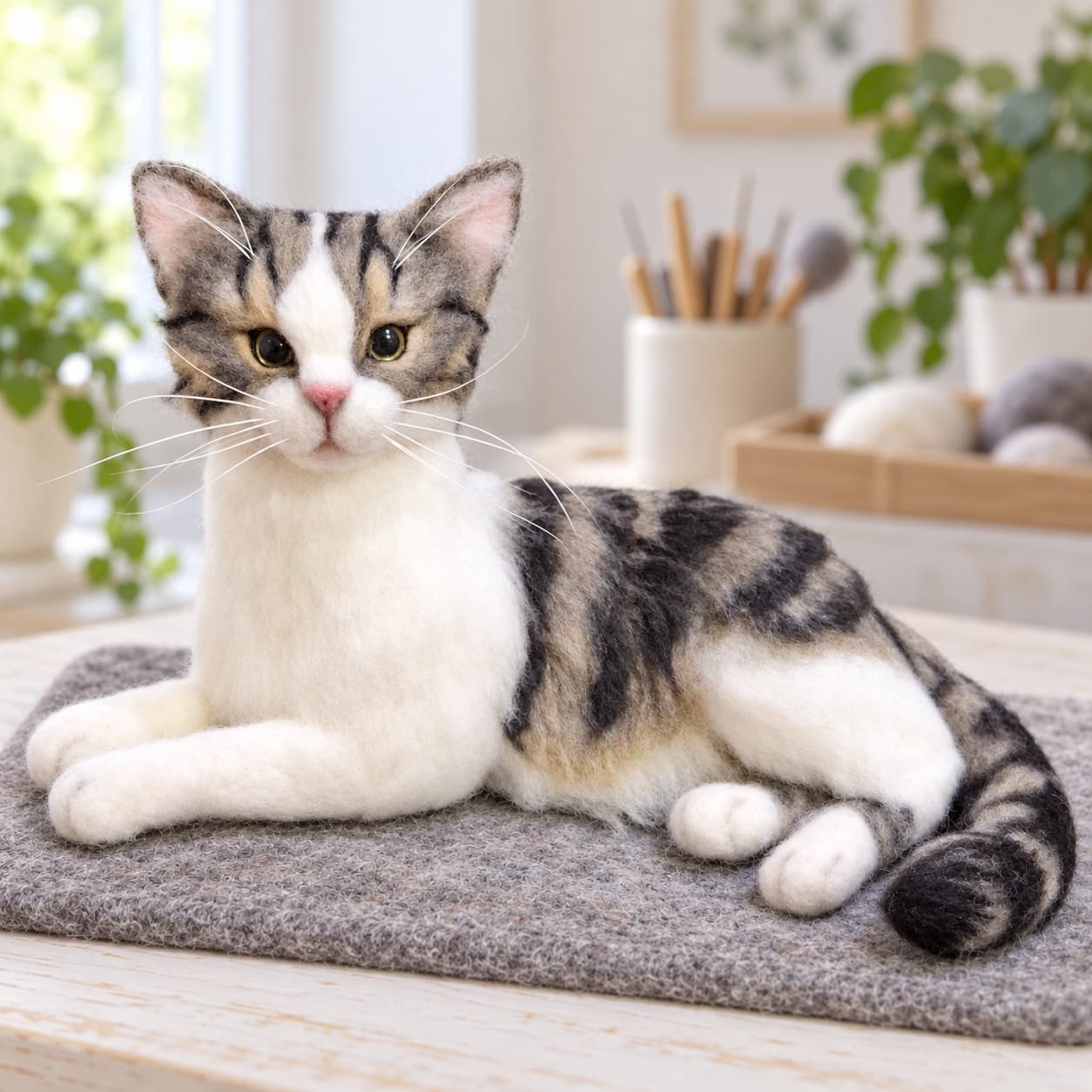 Silver tabby and white needle felted cat portrait lying down, front three-quarter view on a felt mat