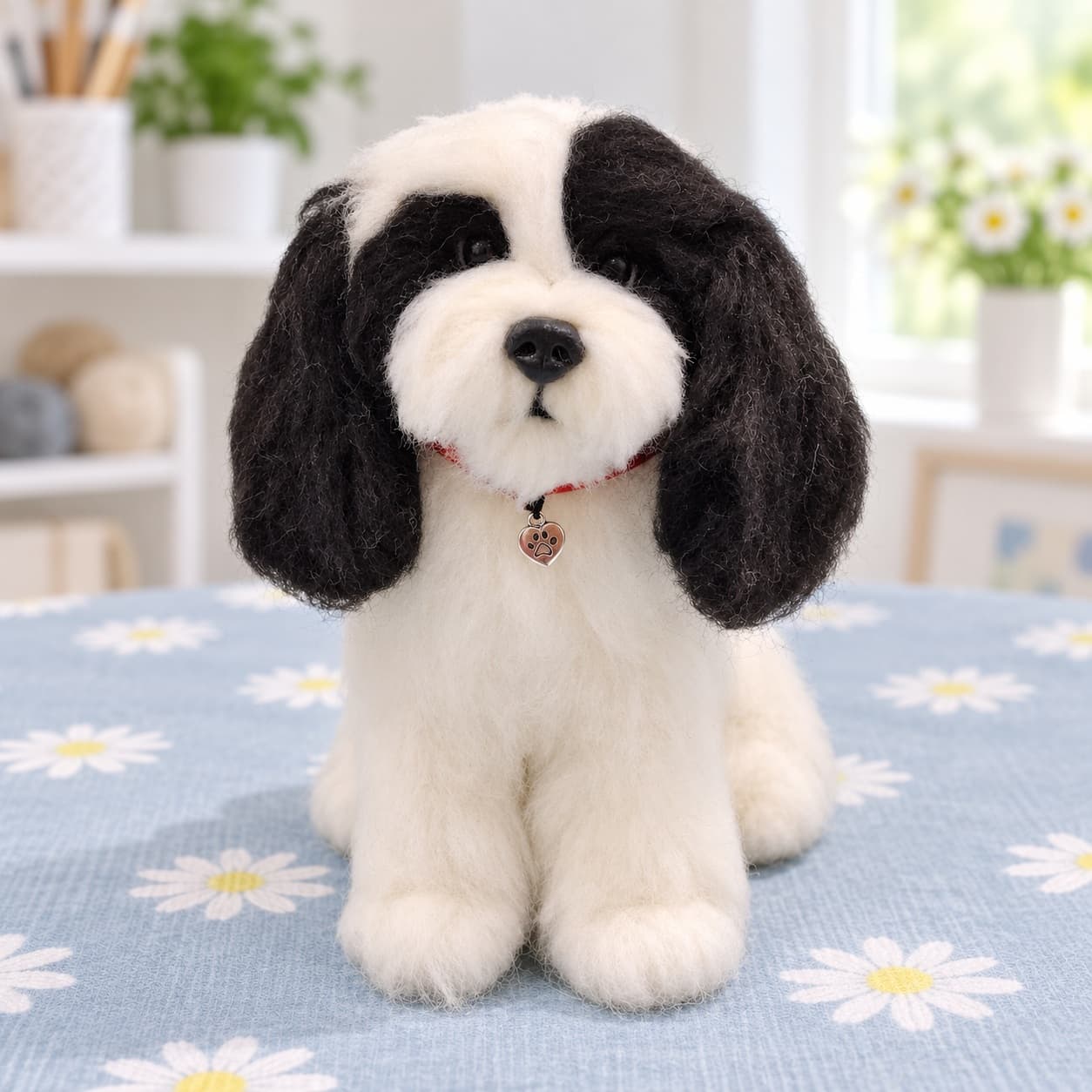 White needle felted dog portrait with long black ears and a red collar with a heart charm, front view, sitting