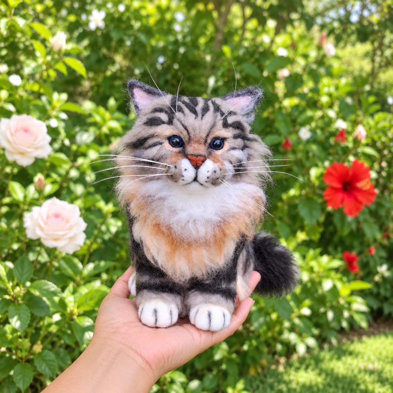 Gray tabby needle felted kitten with a cream chest and white paws, front view, sitting on an open hand