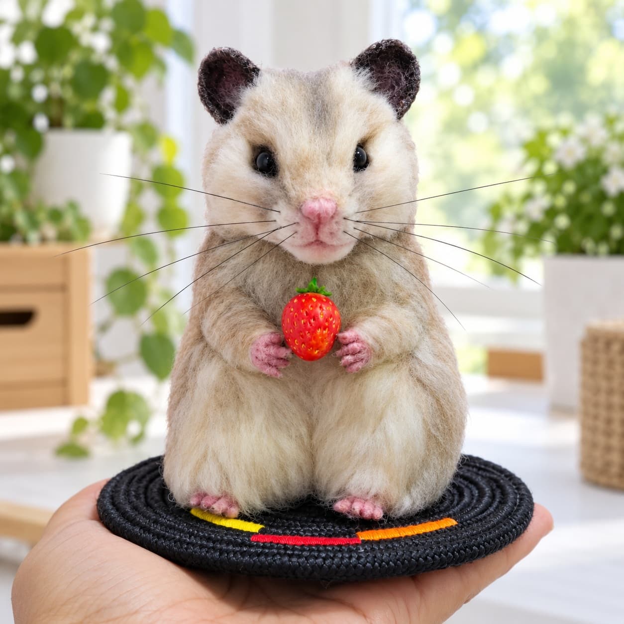 Needle felted cream hamster holding a red strawberry, front view on a round mat, held in the hand