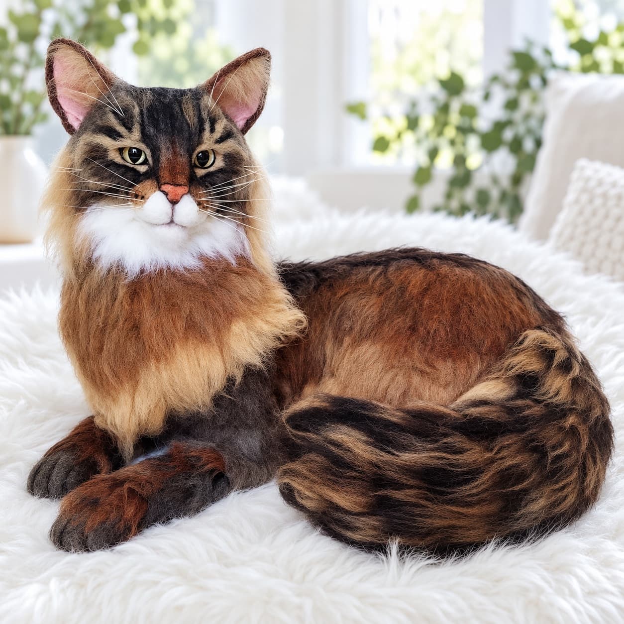 Large long-haired brown tabby needle felted cat portrait lying down with a white bib, front three-quarter view on a white rug