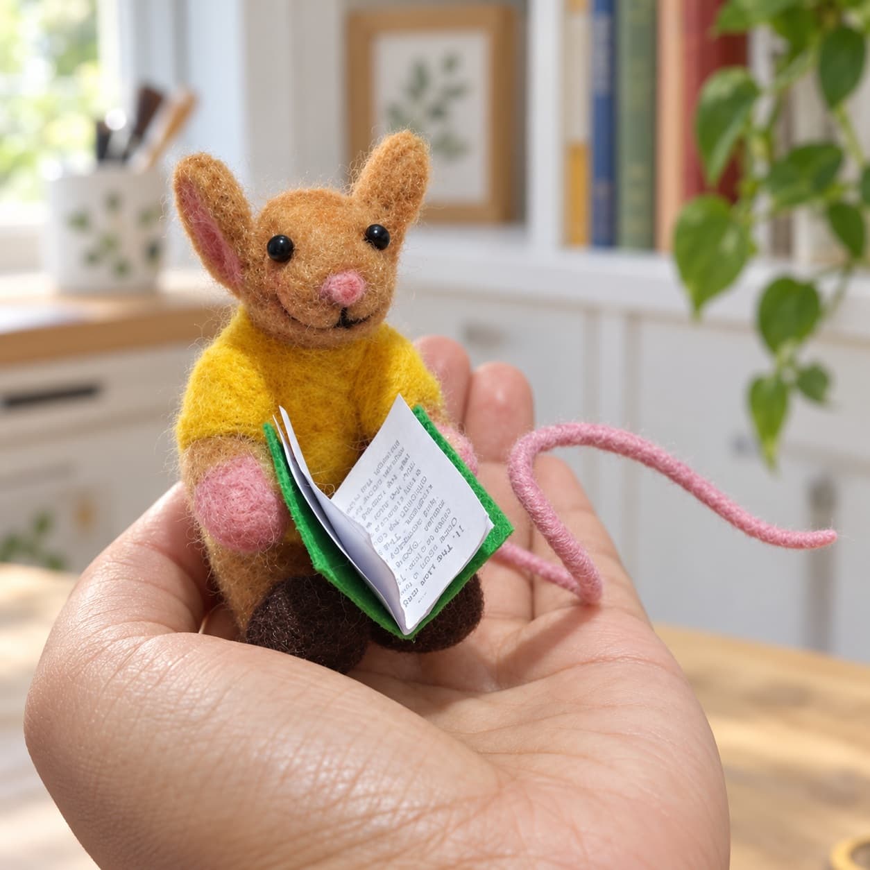 Needle felted mouse bookmark in a yellow sweater holding a tiny book, with a long pink tail, front view, held in the palm