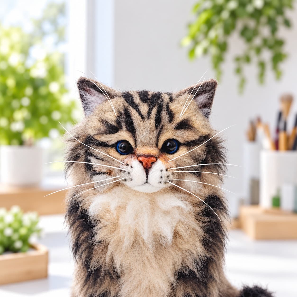 Long-haired dark brown tabby needle felted kitten with blue eyes and a cream chest, front portrait of the face and chest