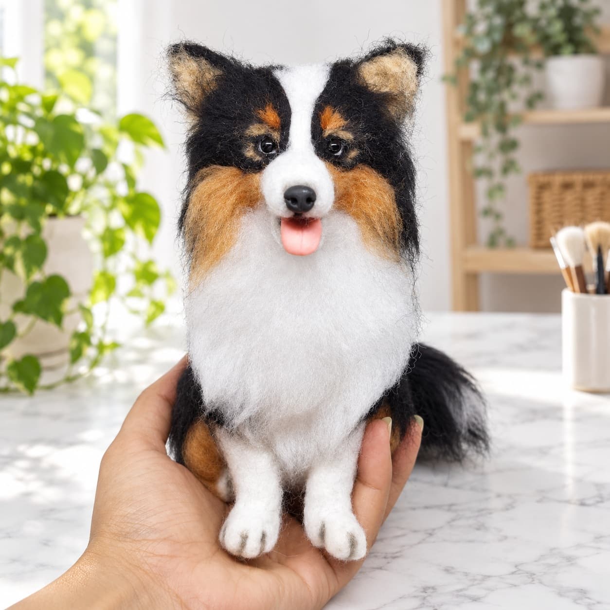 Tricolor Sheltie (Shetland Sheepdog) needle felted dog portrait, front view, sitting beside a hand for scale