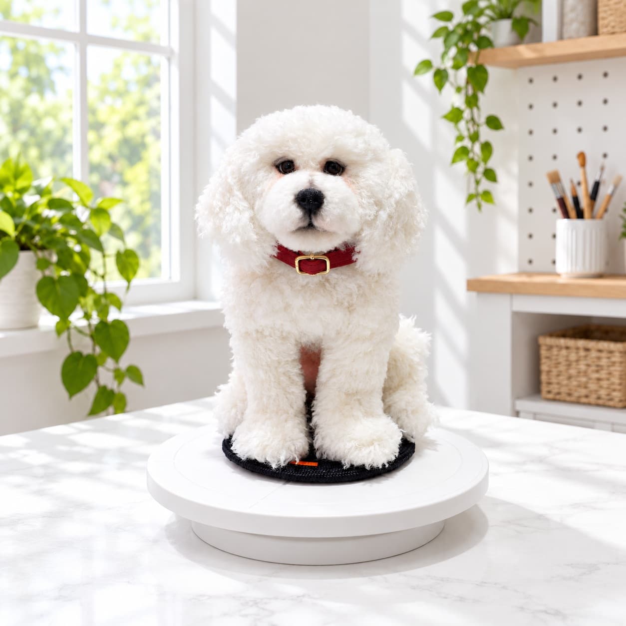 White curly needle felted Bichon Frise dog with a red collar, full front view on a round stand