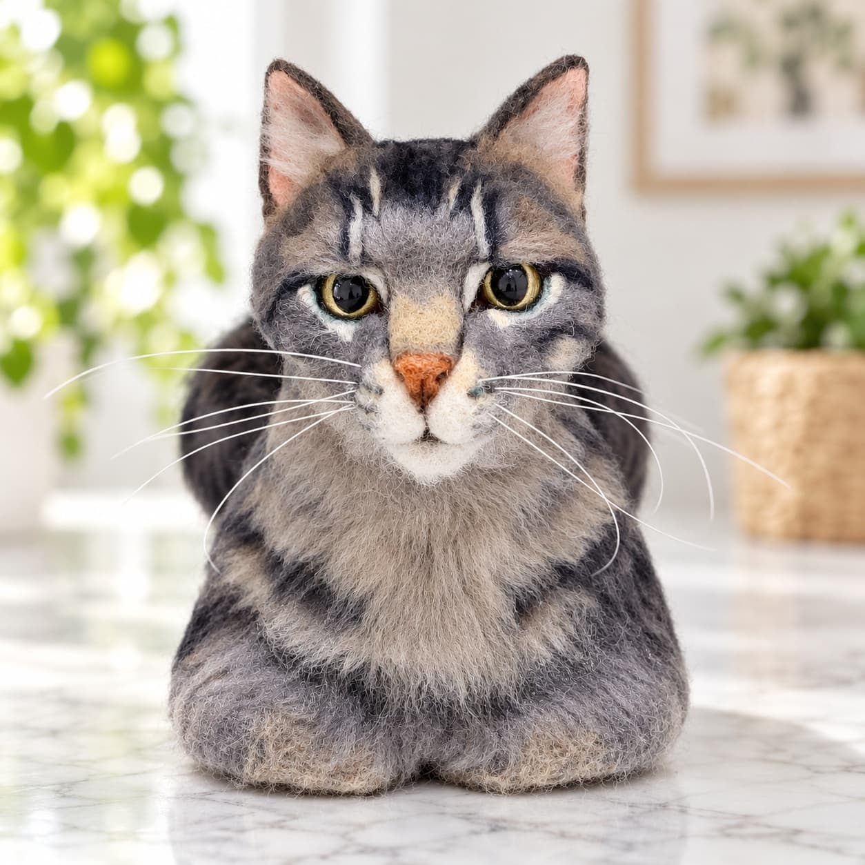 Gray tabby needle felted cat portrait lying in a loaf pose, close front view of the face and striped chest