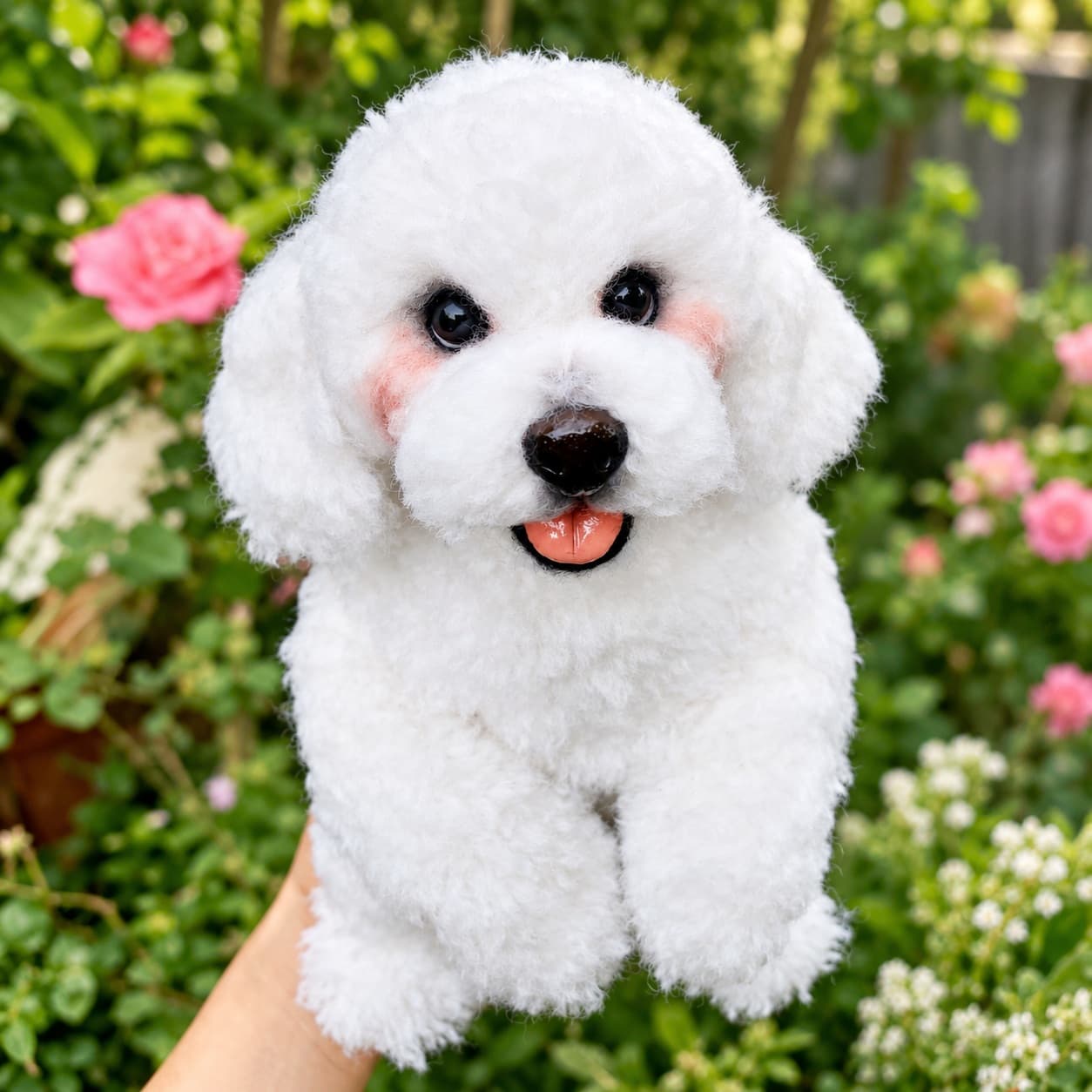 White curly needle felted Bichon Frise dog portrait standing on its hind legs, front view, held up in the garden