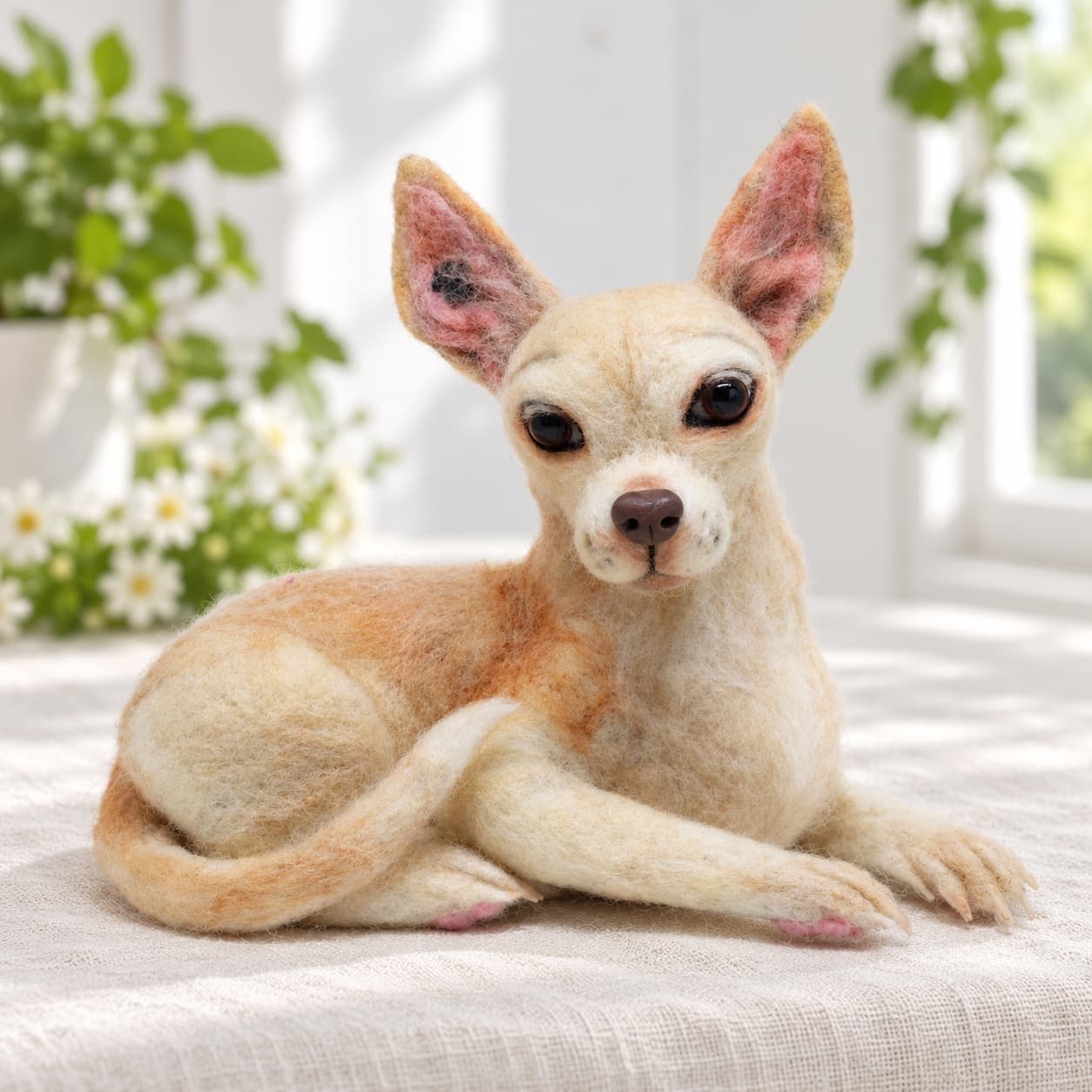 Fawn needle felted Chihuahua dog portrait lying down with large pink-lined ears, front three-quarter view