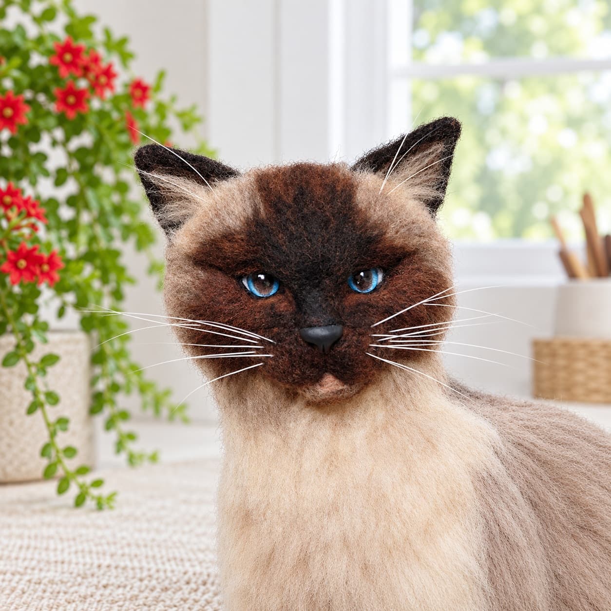 Seal point Siamese needle felted cat portrait with blue eyes, close front view of the face