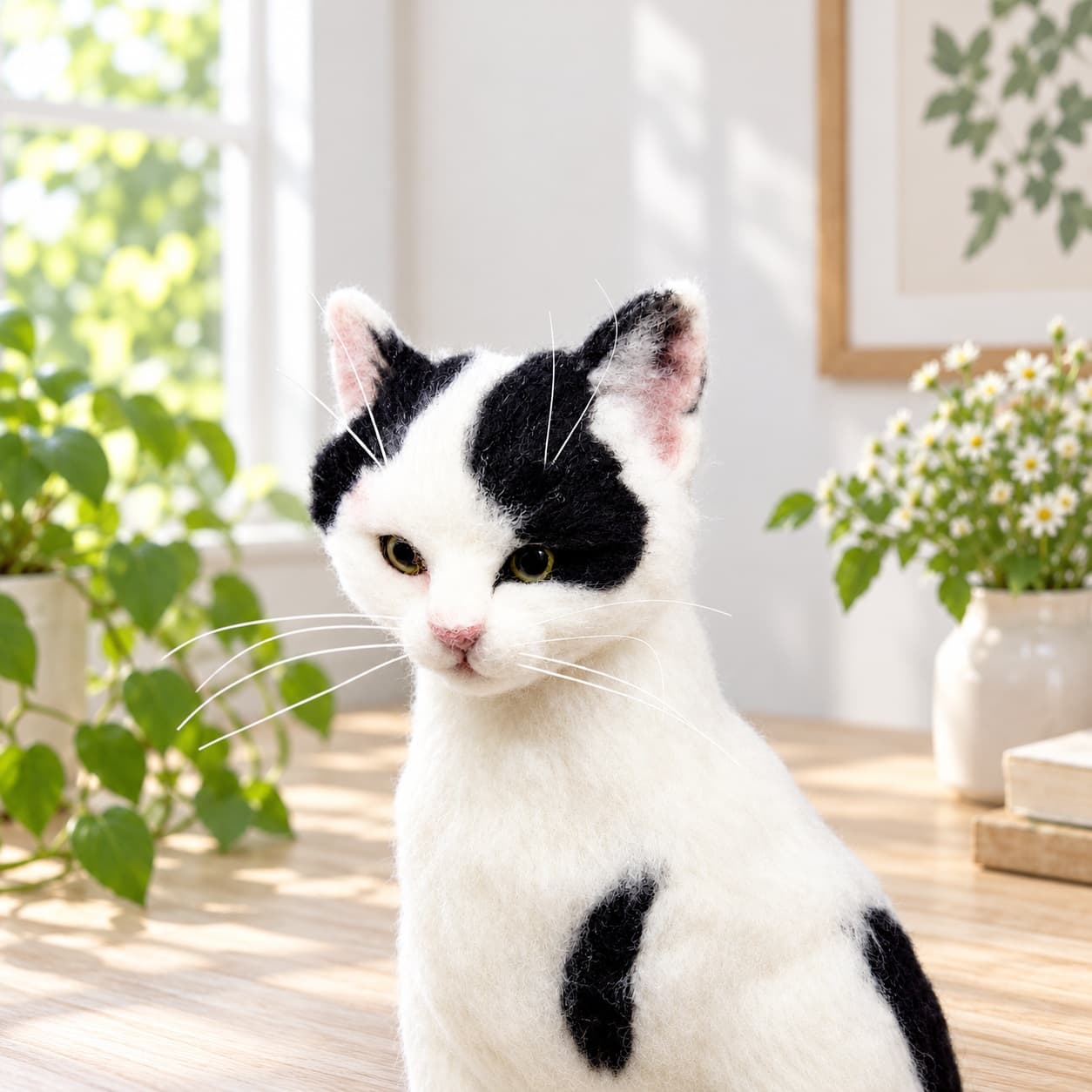 White needle felted cat portrait with black ear patches and yellow eyes, front view of the head and shoulders
