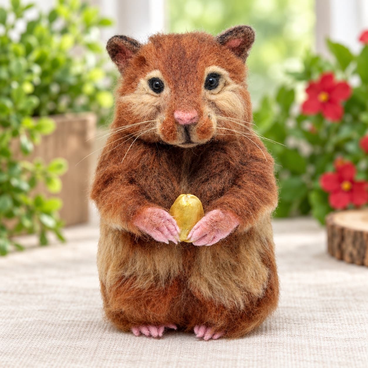 Brown needle felted hamster standing and holding a gold-colored seed, front view
