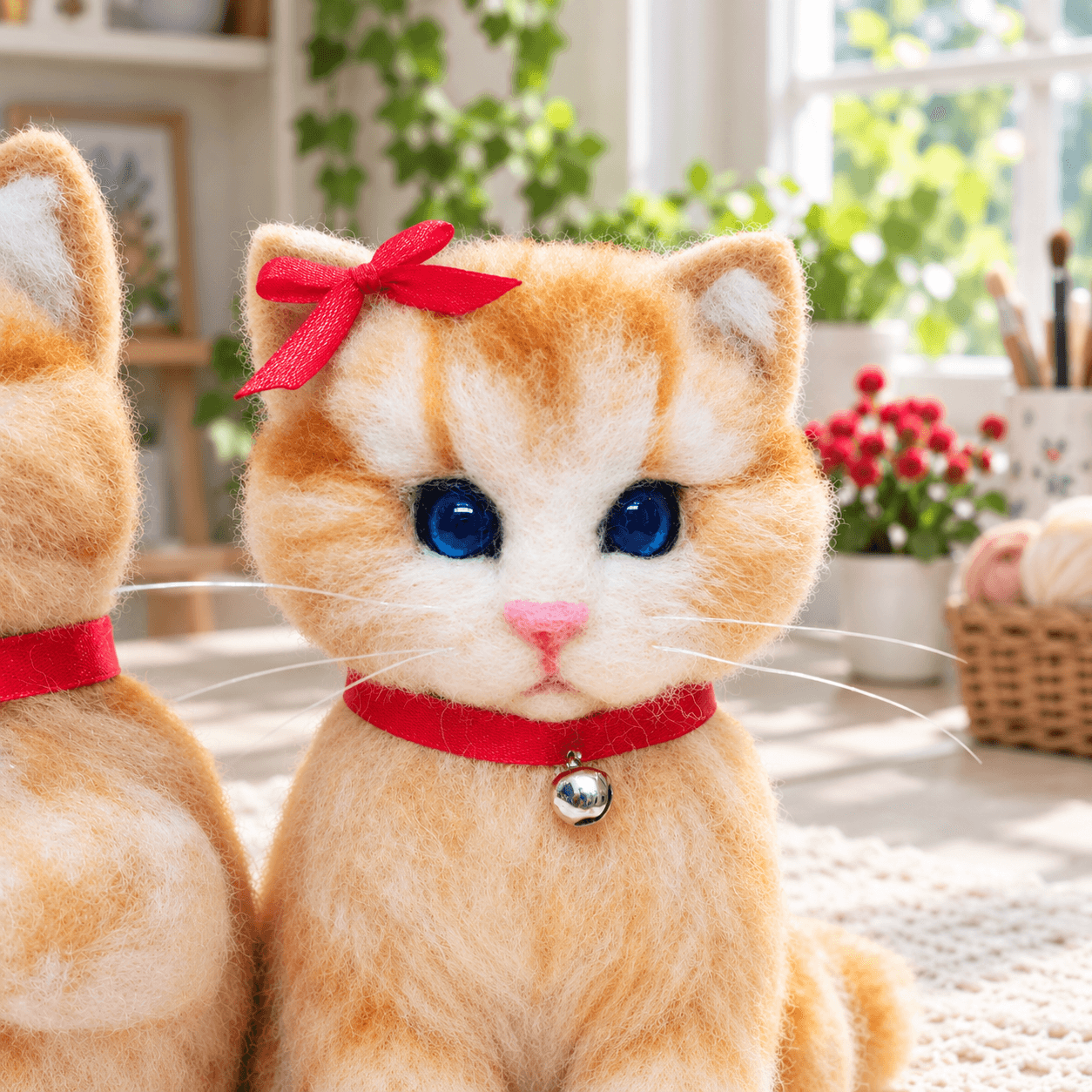 Ginger needle felted kitten with blue eyes and a red ribbon collar with a bell, front view of a kitten with a red bow