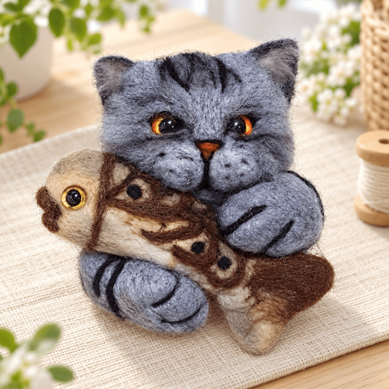 Gray tabby needle felted cat hugging a brown felted fish, front view on a linen mat