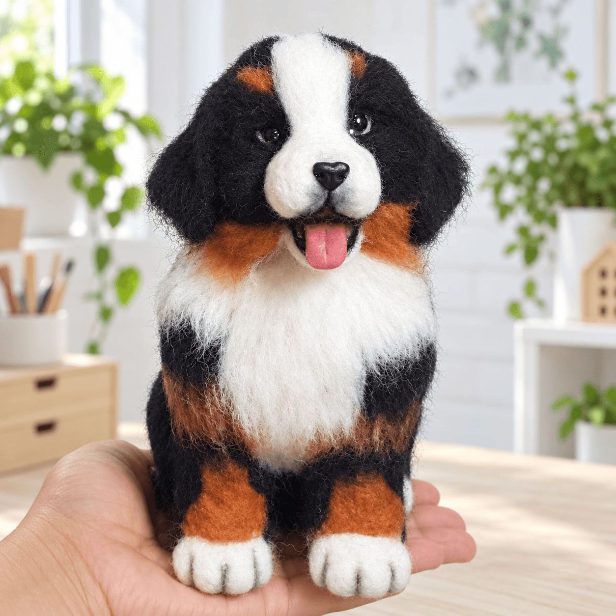 Tricolor Bernese Mountain Dog needle felted dog portrait with its tongue out, front view, sitting on an open hand