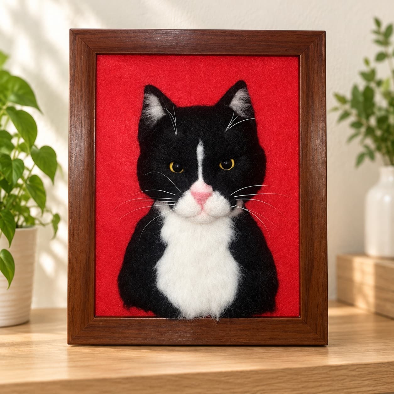 Black and white needle felted cat portrait, mounted on red felt in a wooden frame