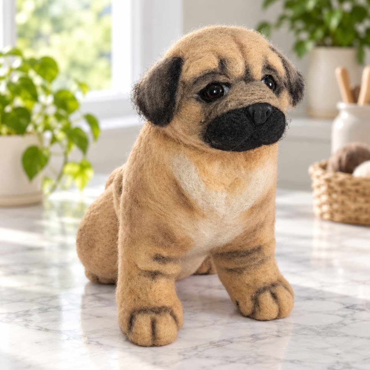 Fawn mini pug needle felted dog portrait with a black mask, three-quarter front view, sitting