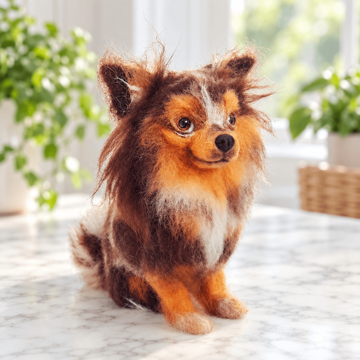 Long-haired brown and tan needle felted Chihuahua dog portrait, three-quarter front view, sitting