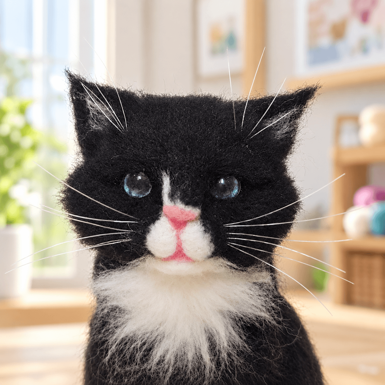 Black and white needle felted mini cat with a white bib and paws, close-up of the face