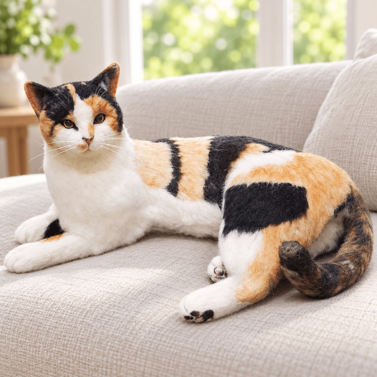 Calico needle felted cat portrait with orange, black and white patches, full figure lying on a sofa