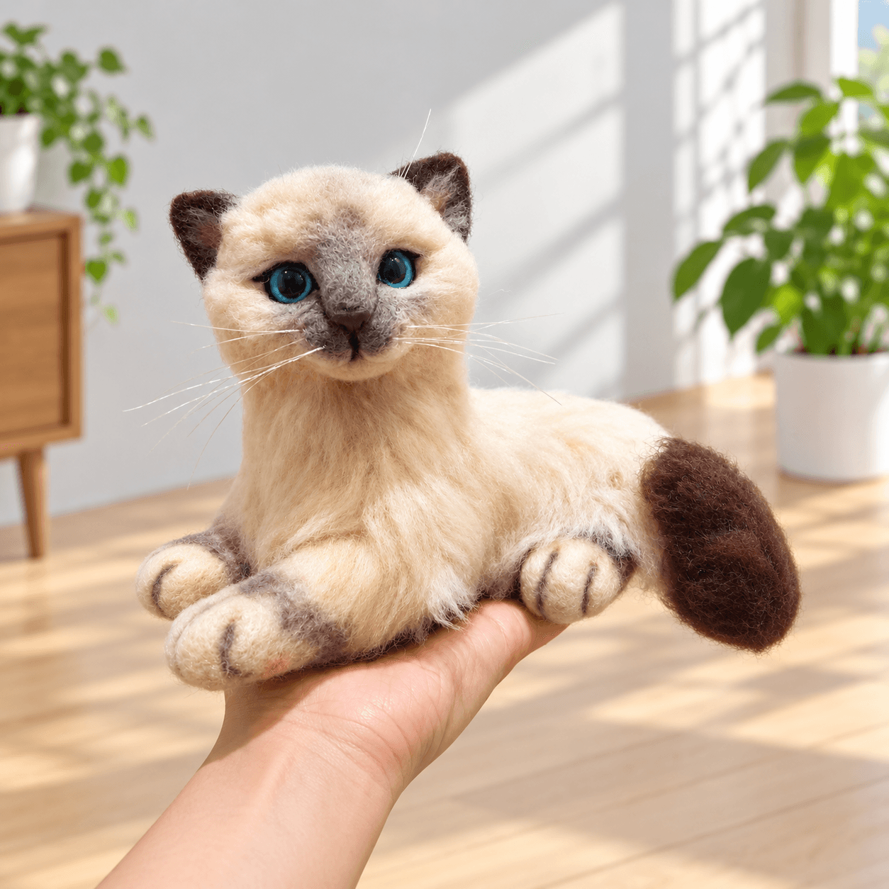 Cream and seal point Ragdoll needle felted cat with blue eyes, lying down, resting on an open hand