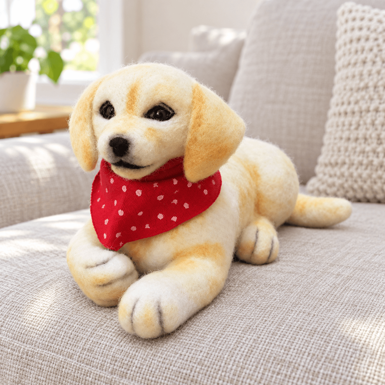 Yellow Labrador puppy needle felted dog portrait with a red polka-dot bandana, lying down, front three-quarter view