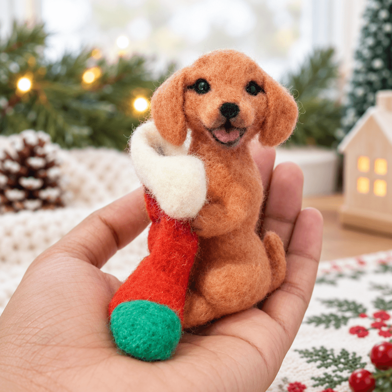 Red-brown needle felted puppy holding a red and green Christmas stocking, front view, held in the hand