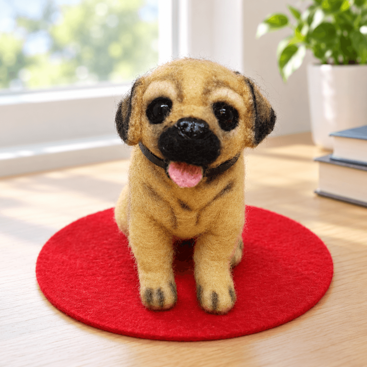 Fawn needle felted pug puppy bookmark with a black collar and a long black tail, front view on a round red felt mat