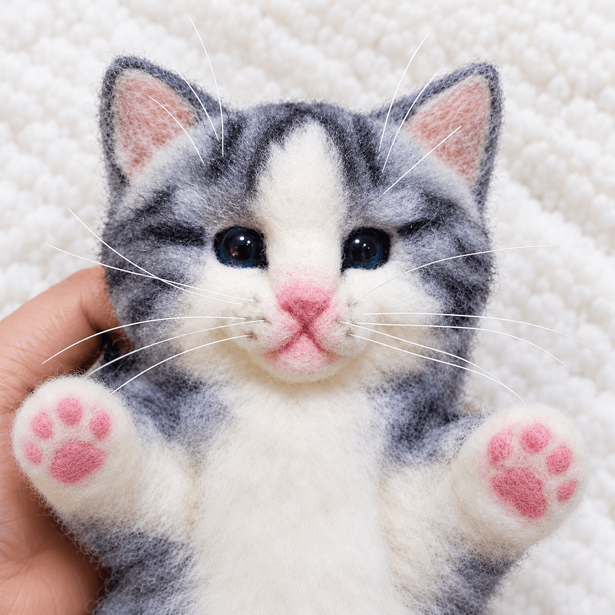 Silver tabby and white needle felted kitten with pink paw pads, close-up of the face and raised pink paws