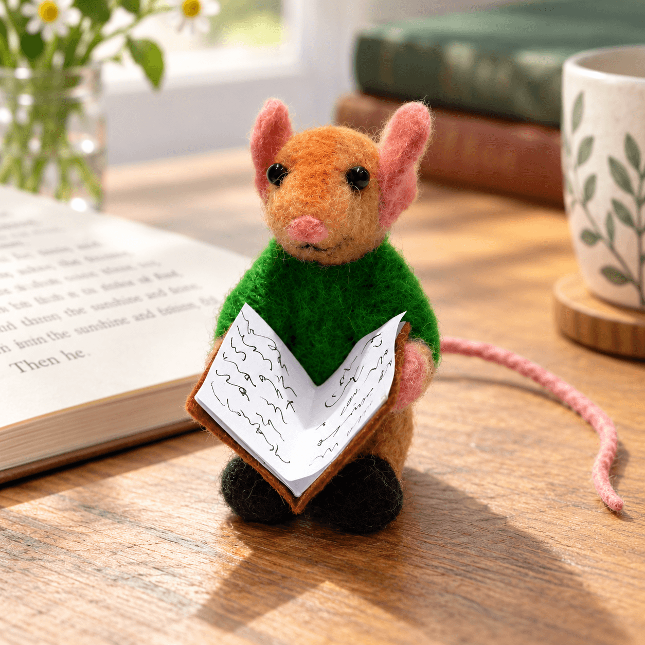 Needle felted mouse bookmark in a green sweater with a long pink tail, front view holding a tiny open book