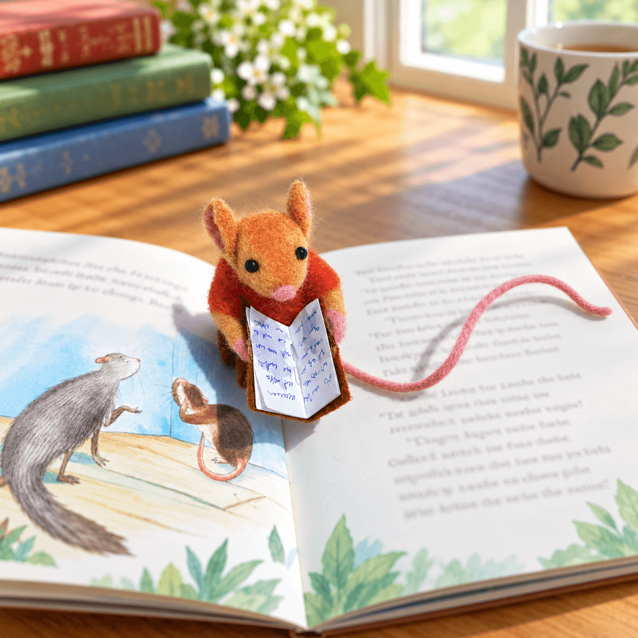 Needle felted rat bookmark in a red sweater with a long pink tail, holding a tiny book on an open storybook
