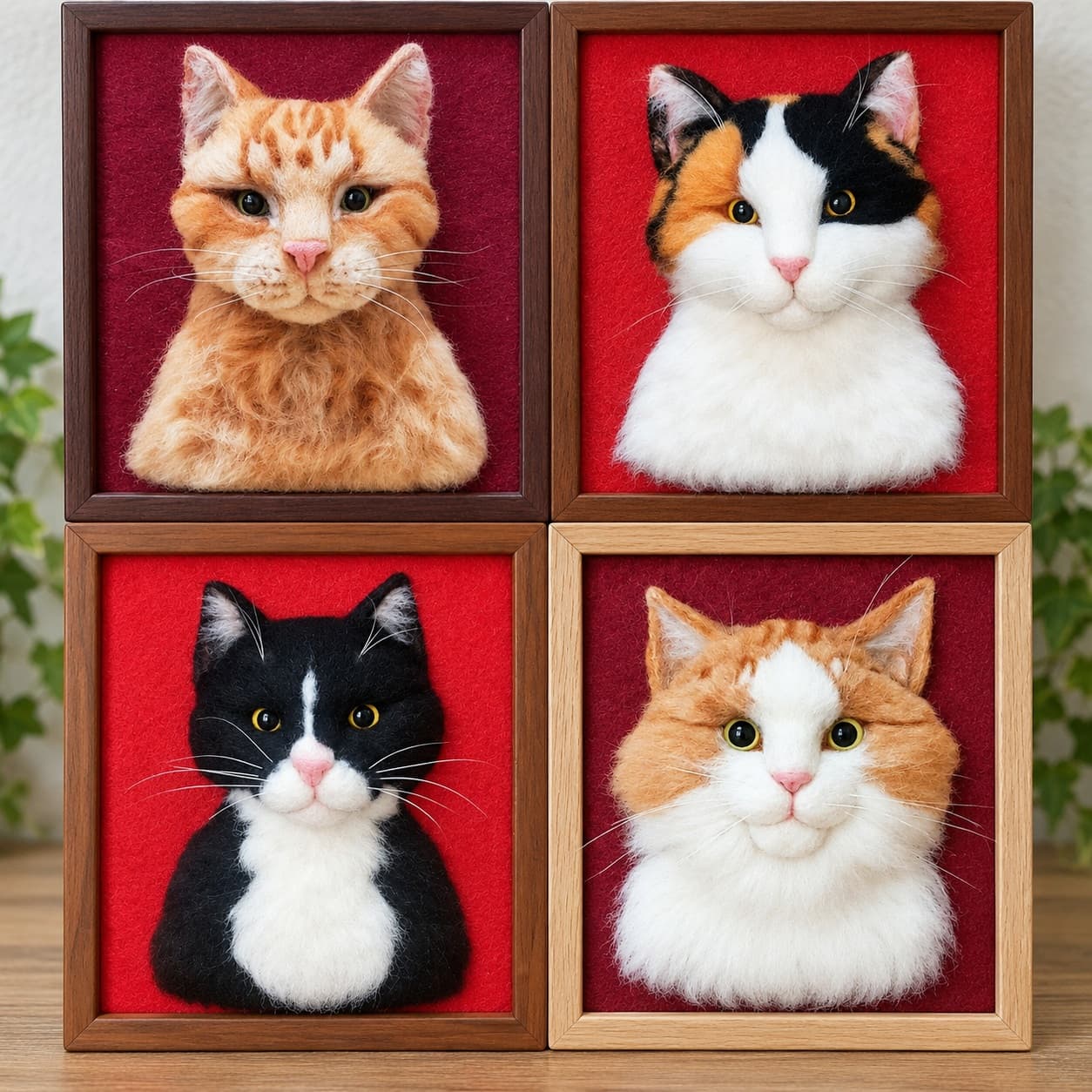 Four custom needle felted cat face portraits in wooden frames on red felt, showing ginger, calico, tuxedo and ginger-and-white cats