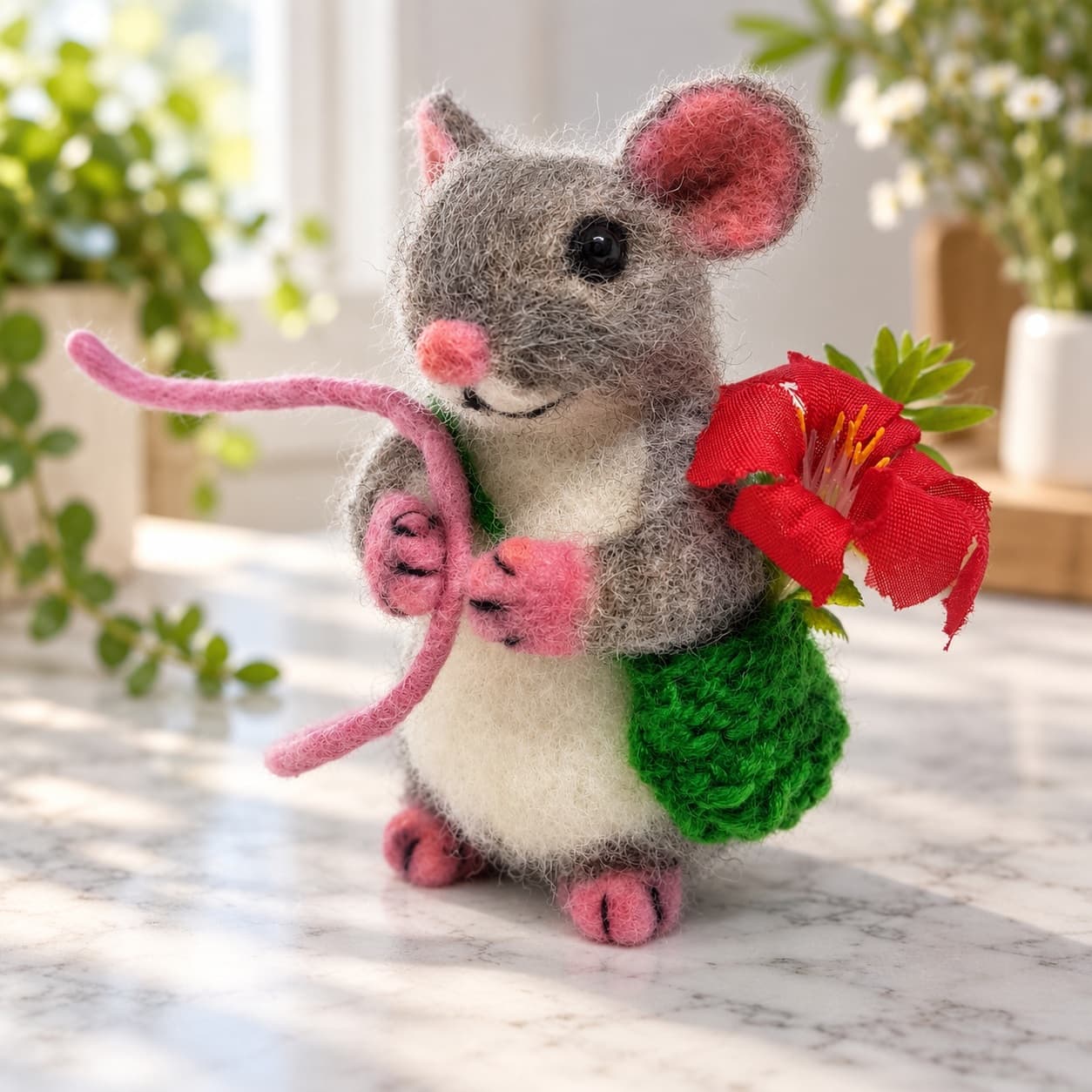 Gray and white needle felted mouse with a green knitted bag, a red flower and a long pink tail, front three-quarter view