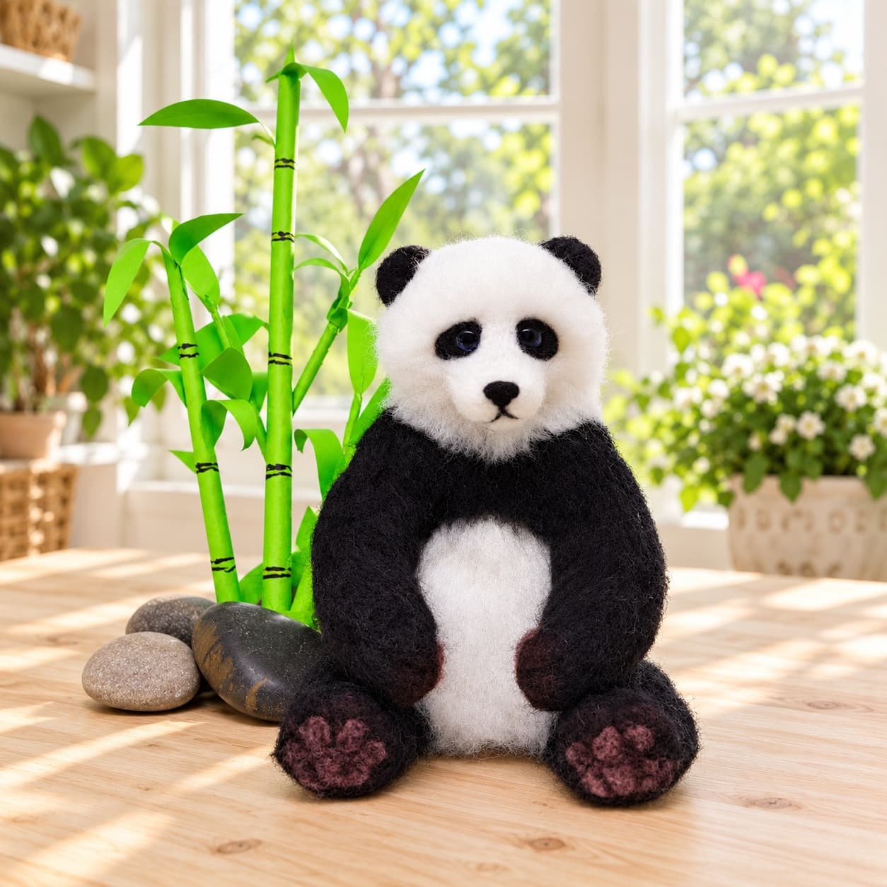 Black and white needle felted panda bear sitting beside bamboo stems, front view